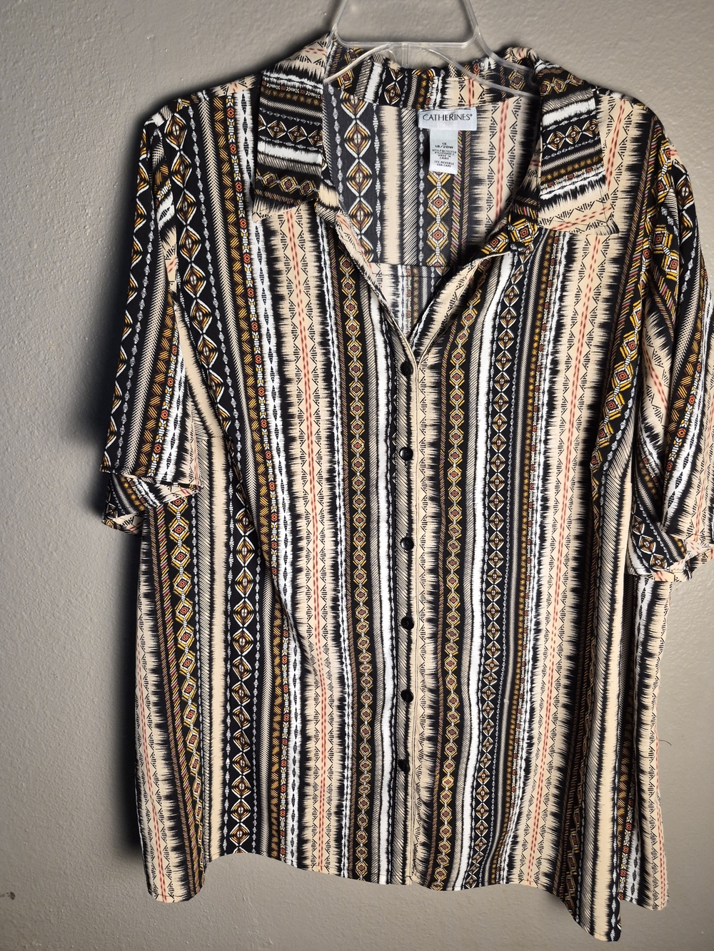 Catherines Short-Sleeve Striped Aztec Shirt - Beige/Black